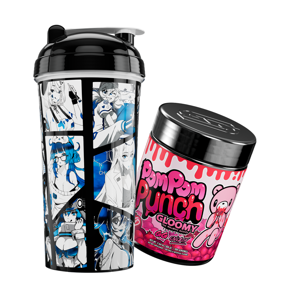 Black shaker cup with blue manga-style characters and pink Pom Pom Punch Gloomy tub with bear and dripping design.