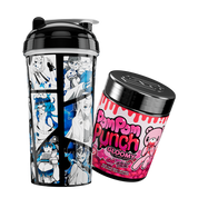 Black shaker cup with blue manga-style characters and pink Pom Pom Punch Gloomy tub with bear and dripping design.
