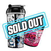 Black shaker cup with blue and white manga-style female characters next to a pink Pom Punch Gloomy tub.