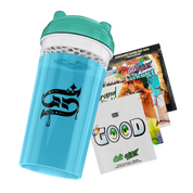 Blue and teal shaker bottle with cartoon design