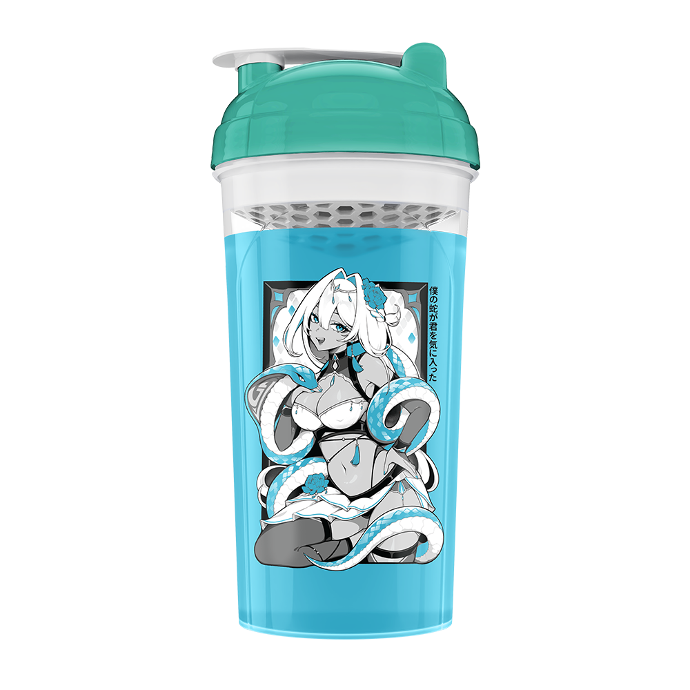Blue and teal shaker bottle with cartoon design