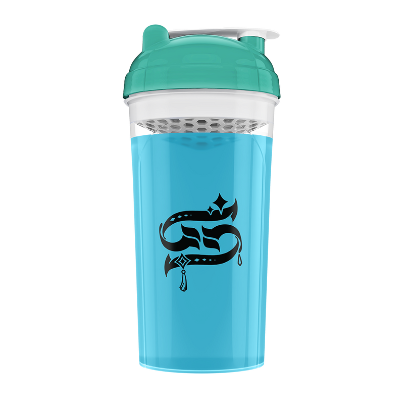 Blue and teal shaker bottle with cartoon design