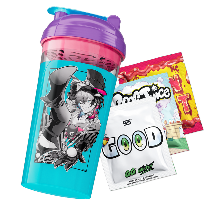 A clear plastic shaker bottle with a purple lid and a bright turquoise body printed with an anime character, shown alongside two snack pouches on a plain white background.