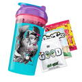A clear plastic shaker bottle with a purple lid and a bright turquoise body printed with an anime character, shown alongside two snack pouches on a plain white background.