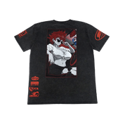 A black acid-wash graphic t-shirt featuring an anime-style illustration of a red-haired woman on the front, with red graphic prints on both sleeves and the lower left leg.