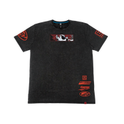 A black mineral-wash short-sleeve t-shirt with red and white graphic prints, including a central rectangular graphic and multiple logos on the sleeves and lower front, displayed against a plain white background.