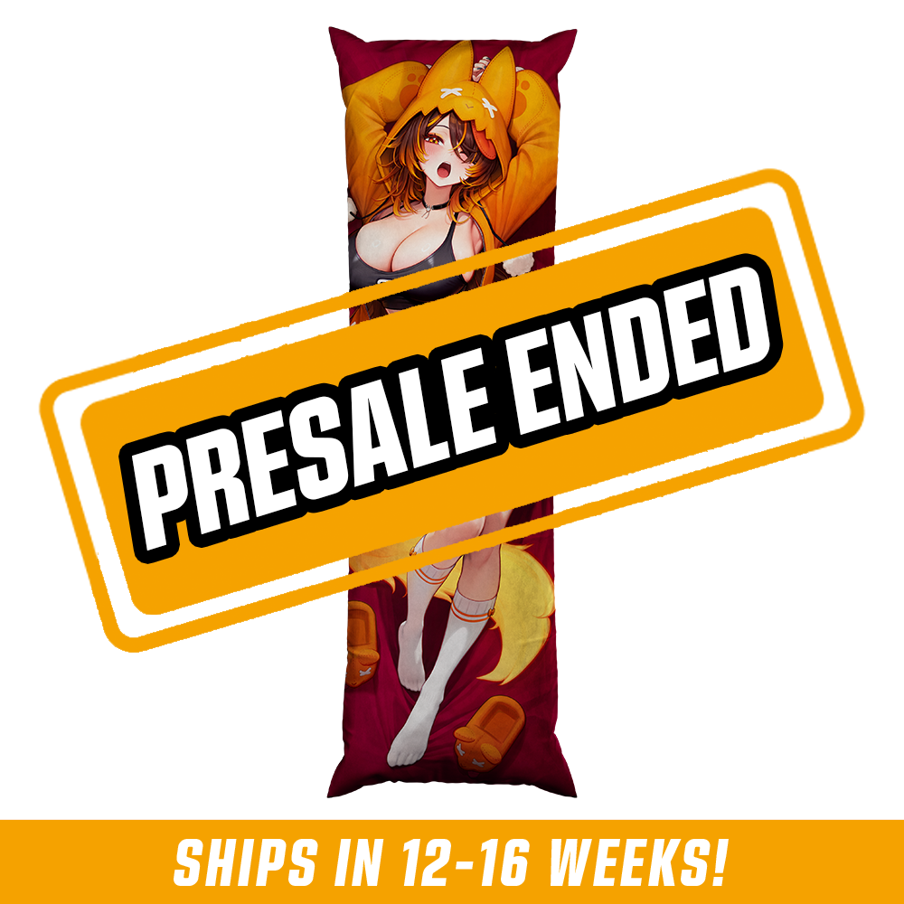 Anime girl with fox ears and tail wearing orange lingerie and white thigh-high socks lying on a dark bed.