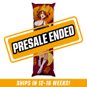 Anime girl with fox ears and tail wearing orange lingerie and white thigh-high socks lying on a dark bed.