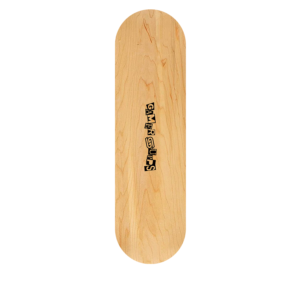 Natural wood skate deck with a black "GAMERSUPPS" logo in stylized block letters down the center
