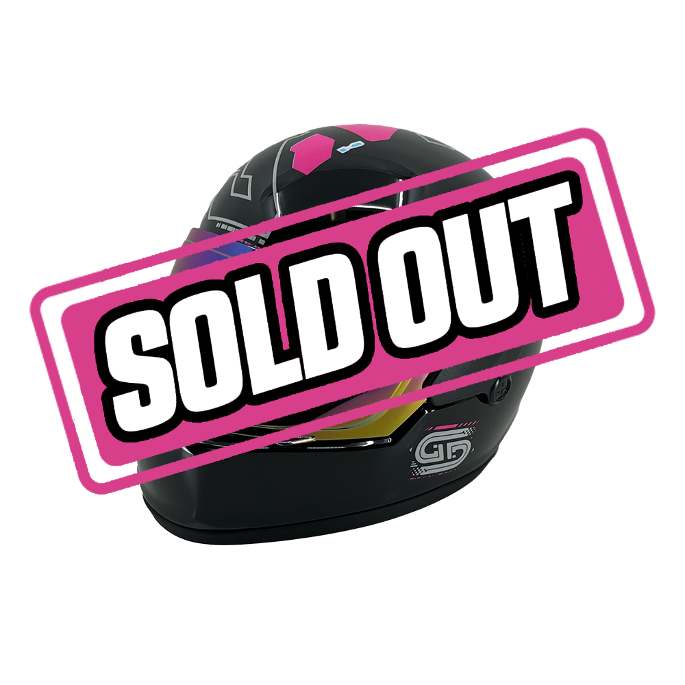 Glossy black mini helmet with a reflective rainbow visor and pink geometric details on top.