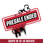 Double-sided acrylic keychain featuring a black and white chibi demon girl with horns, wings, and a heart-shaped clasp.