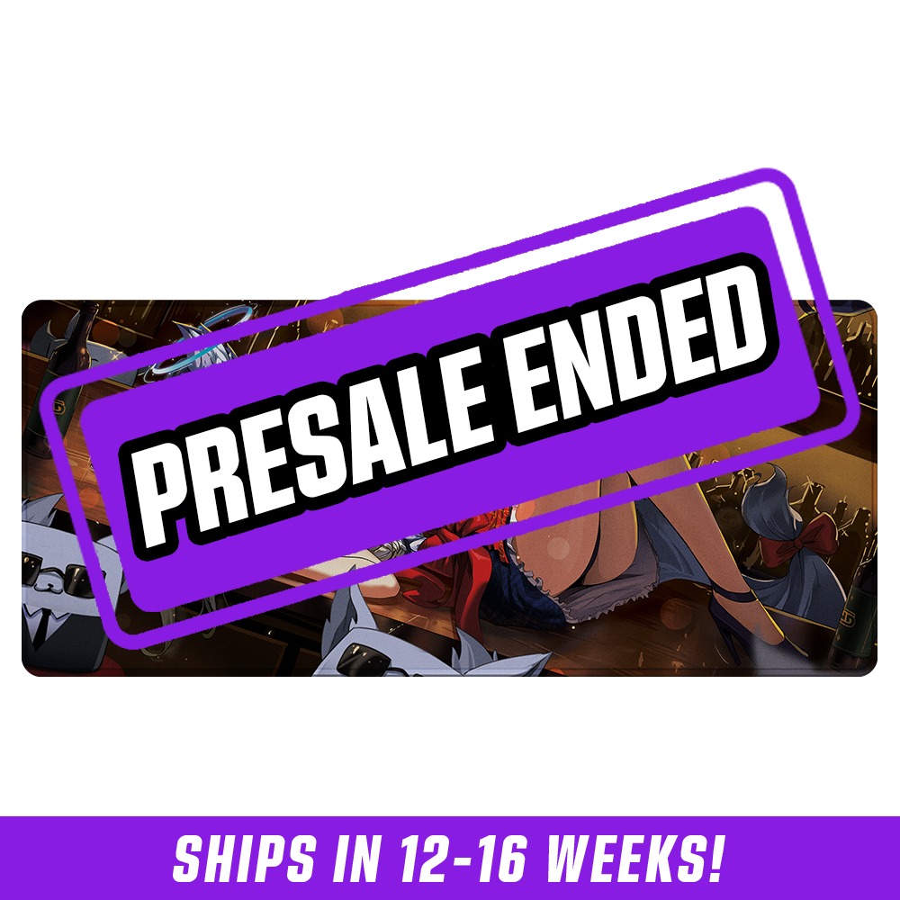 Mouse pad featuring an anime girl with silver hair, blue eyes, and a red bow lying on a bar counter surrounded by bottles.