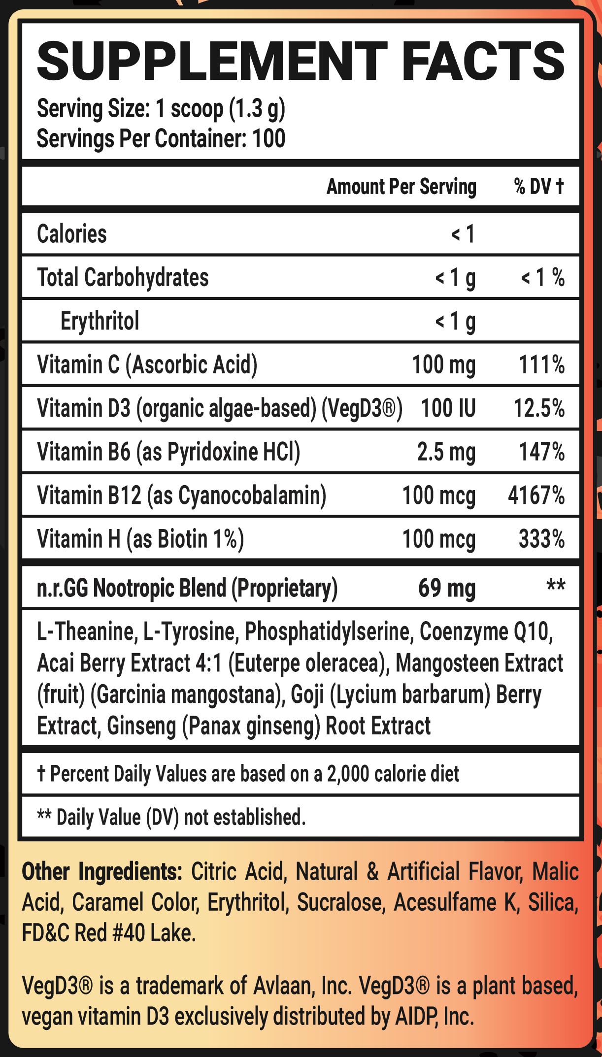 Mama Case's Peach Tea Caffeine Free - 100 Servings Nutrition Chart