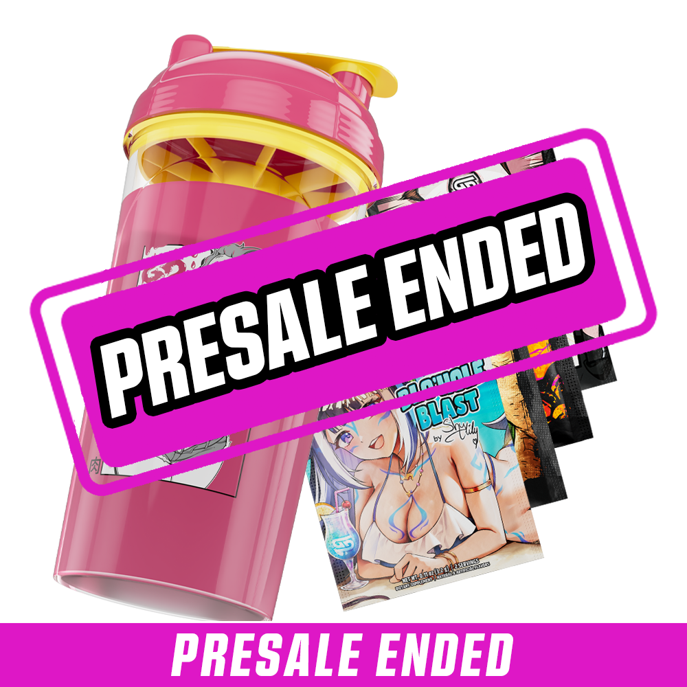 Pink and yellow shaker cup with a grotesque one-eyed muscular character and anime-style energy drink packets.