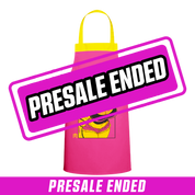 Bright pink apron with yellow neck strap featuring a grotesque yellow creature with pink hair and muscular body.