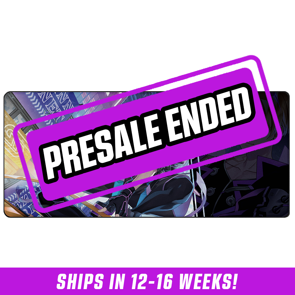 Long rectangular mouse pad featuring an anime-style character in black and purple outfit with neon cityscape background.