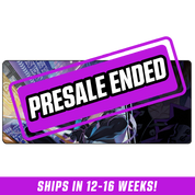 Long rectangular mouse pad featuring an anime-style character in black and purple outfit with neon cityscape background.