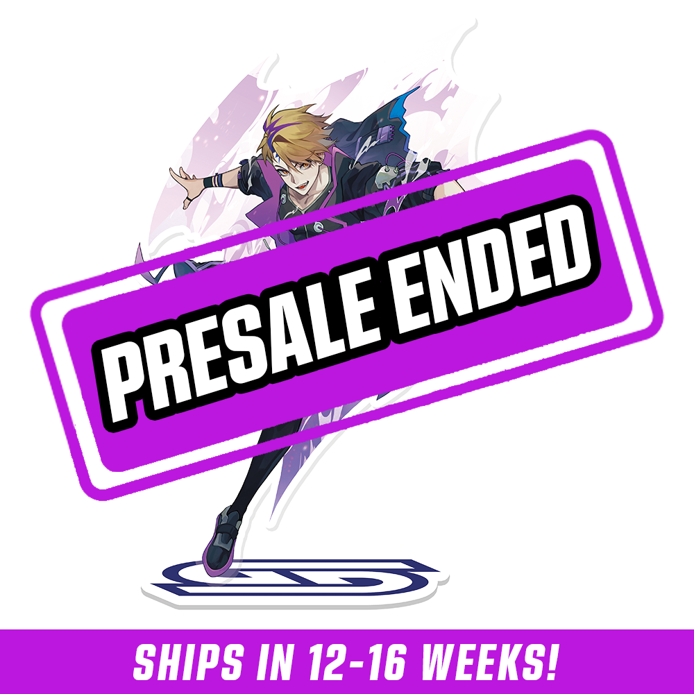 Dynamic acrylic stand featuring a character in black and purple outfit with glowing pink accents and a floating black cat.