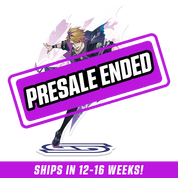 Dynamic acrylic stand featuring a character in black and purple outfit with glowing pink accents and a floating black cat.