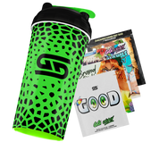 Green shaker bottle with black irregular polygon pattern and black lid with green flip cap.