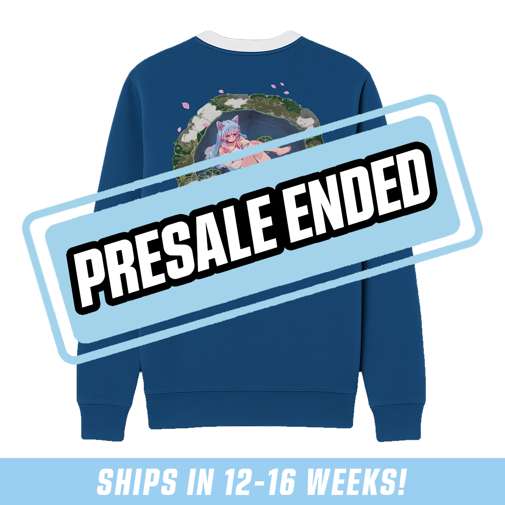 Blue crewneck with white collar featuring pixelated lily pads and "GAMER SUPPS X SILVERVALE" text on chest