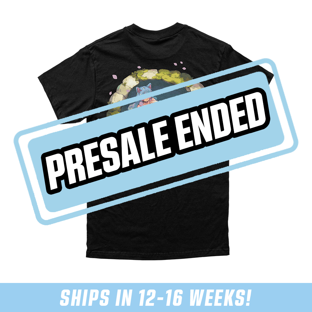 Black t-shirt sizing chart showing measurements for chest, hem, sleeve, length, cuff, and shoulder from S to 6XL.