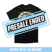 Black t-shirt sizing chart showing measurements for chest, hem, sleeve, length, cuff, and shoulder from S to 6XL.