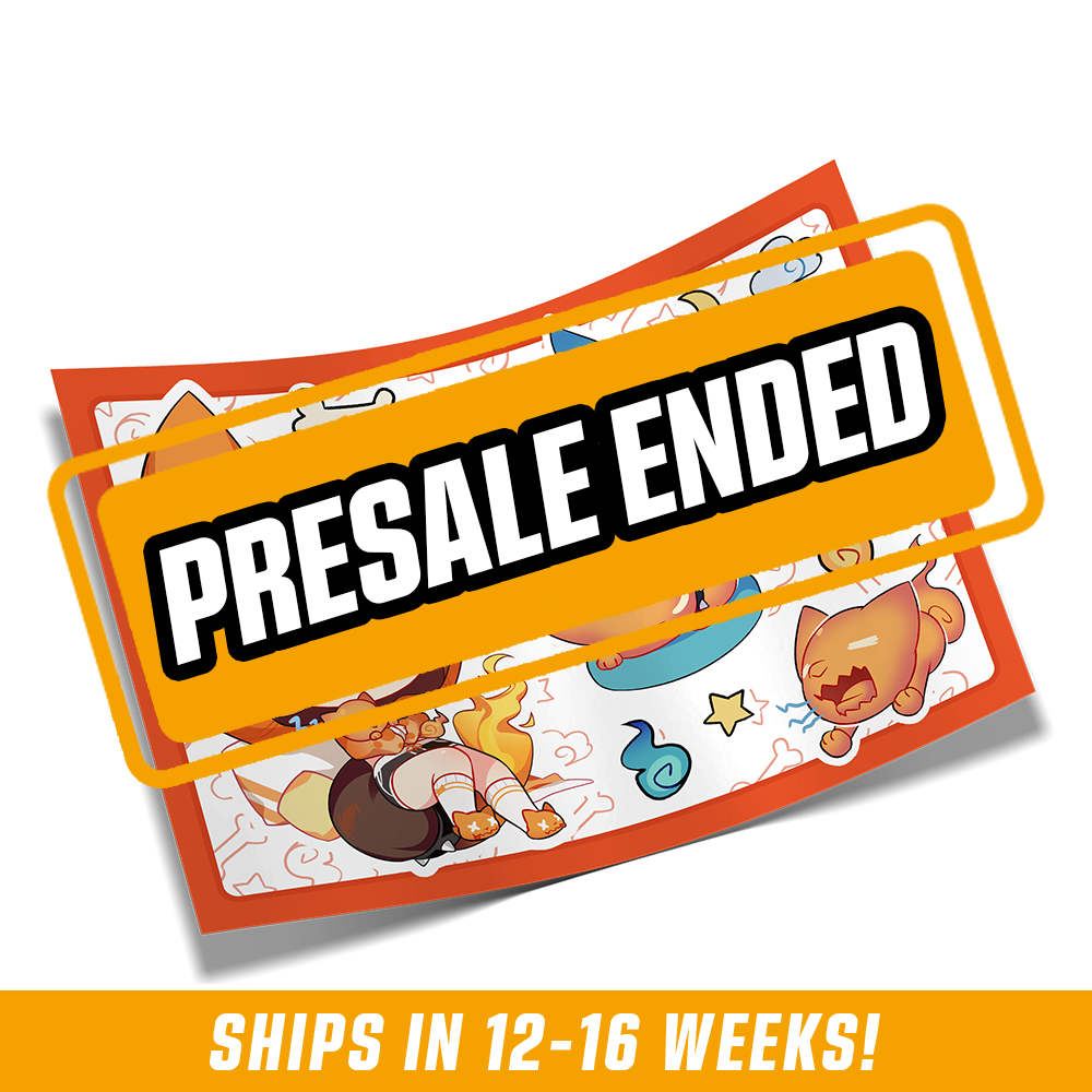 Sticker sheet featuring a chibi character with an orange cat hood and multiple small orange and blue cat-like creatures.