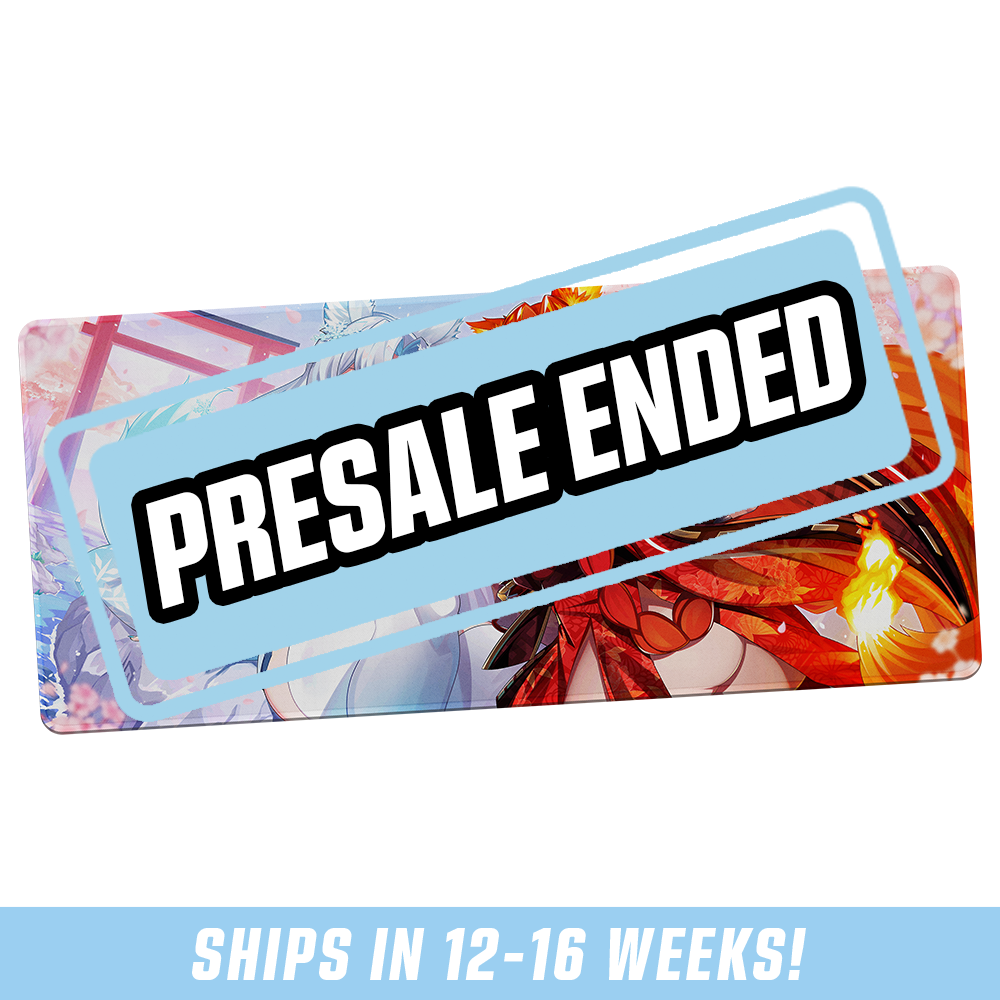 Mouse pad featuring a split design with cool blue tones and warm fiery reds, showing two contrasting anime characters.