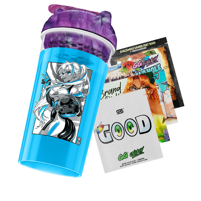 Blue cup with a black and white anime girl holding a helmet and a purple marbled lid with a flip cap.