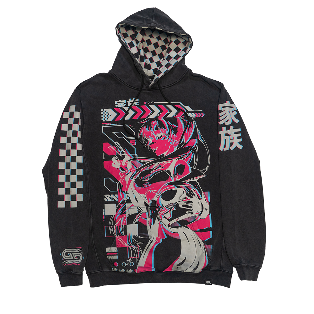 Black hoodie sizing chart showing measurements for sizes S to 6XL including length and bust in inches.