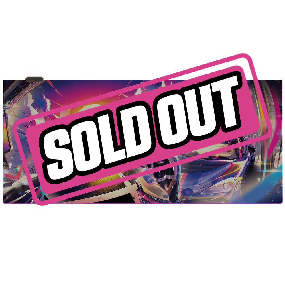 Wide RGB mouse pad with anime-style girl in black and red suit standing by a sleek car at sunset cityscape background.