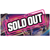 Wide RGB mouse pad with anime-style girl in black and red suit standing by a sleek car at sunset cityscape background.