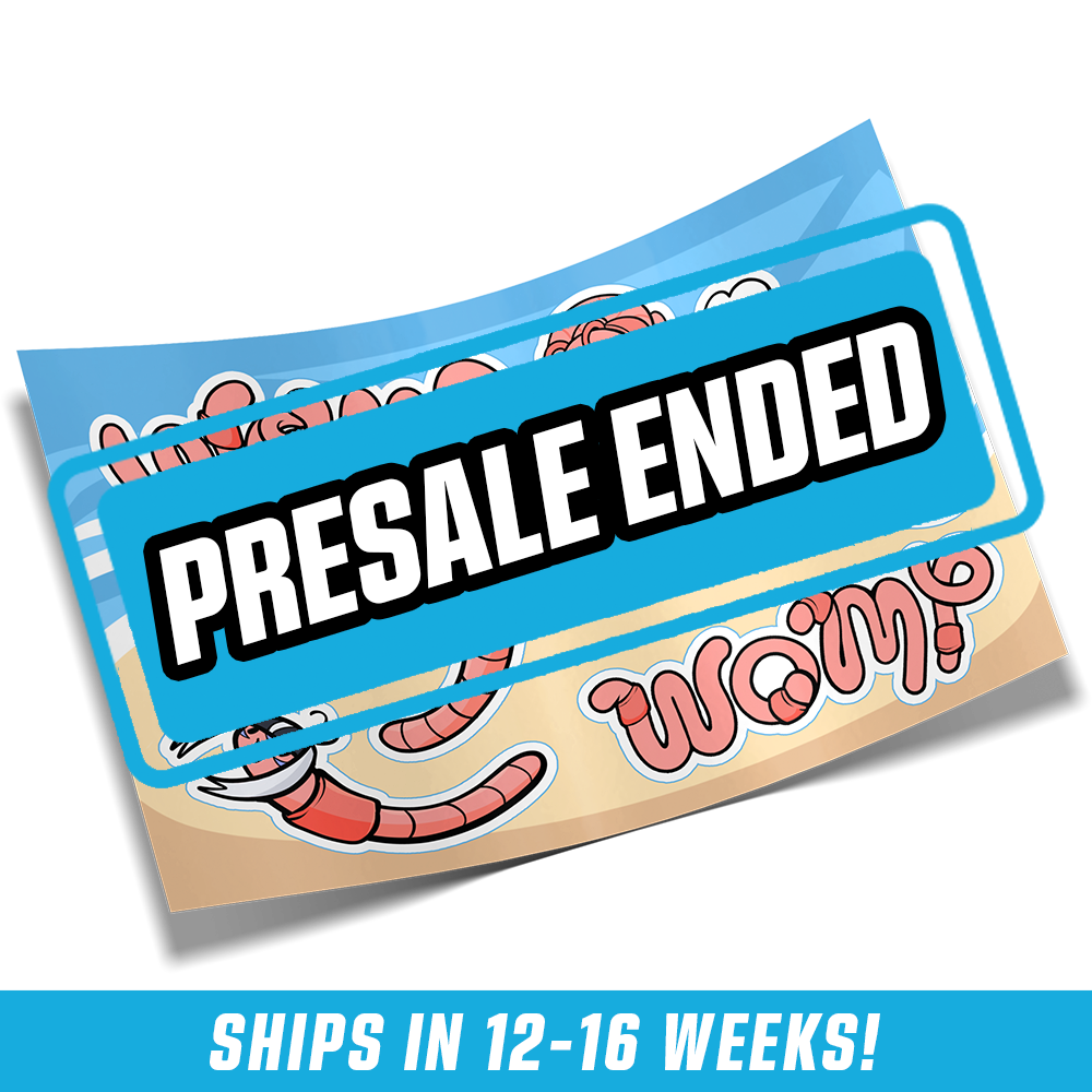 Sticker sheet with cartoon pink worms, some with black and white hair and expressive faces on blue and beige background.