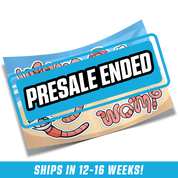 Sticker sheet with cartoon pink worms, some with black and white hair and expressive faces on blue and beige background.