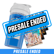 Transparent shaker bottle with white lid and black stylized "GD" logo on the side and honeycomb strainer inside lid