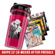 Transparent red shaker cup with black lid featuring a white anime character with cat ears and a ghost figure.