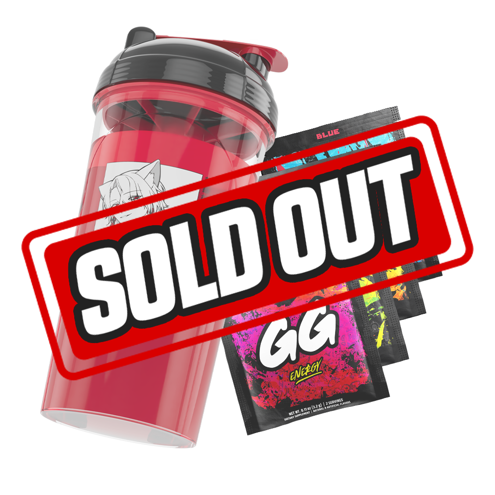 Red shaker cup with black lid featuring a white anime character with cat ears and four colorful GG Energy drink mix packets.