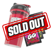 Red shaker cup with black lid featuring a white anime character with cat ears and four colorful GG Energy drink mix packets.