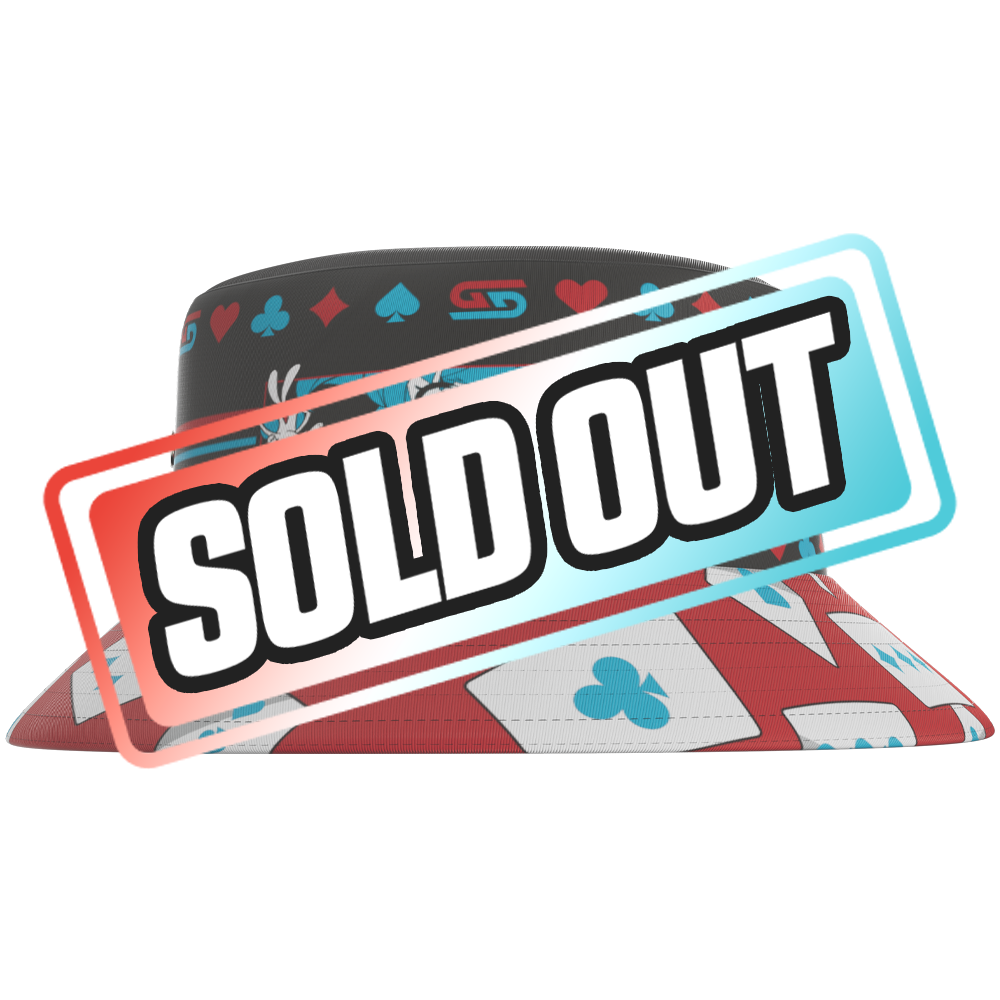 Black and red bucket hat with blue interior, featuring anime eyes, playing card suits, and a white rabbit design.