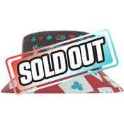 Black and red bucket hat with blue interior, featuring anime eyes, playing card suits, and a white rabbit design.