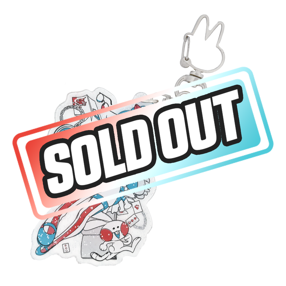 Keychain with blue-haired anime girl in a blue dress and red-striped stockings, surrounded by cards and a rabbit.