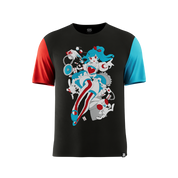 Black t-shirt with contrasting short sleeves in bright blue on left and red on right, shown from back.