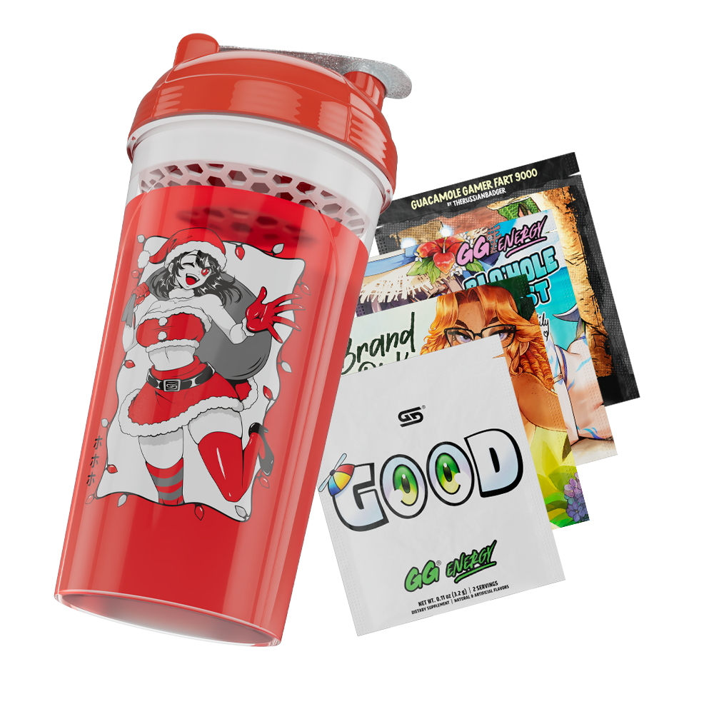 Clear shaker cup with red lid featuring a black and white anime girl in a Santa outfit holding a sack and Christmas lights.