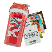 Clear shaker cup with red lid featuring a black and white anime girl in a Santa outfit holding a sack and Christmas lights.