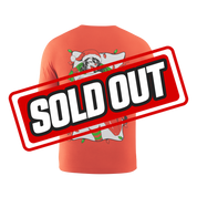 Bright red short-sleeve shirt with a small candy cane striped logo in red, white, and green on the chest.