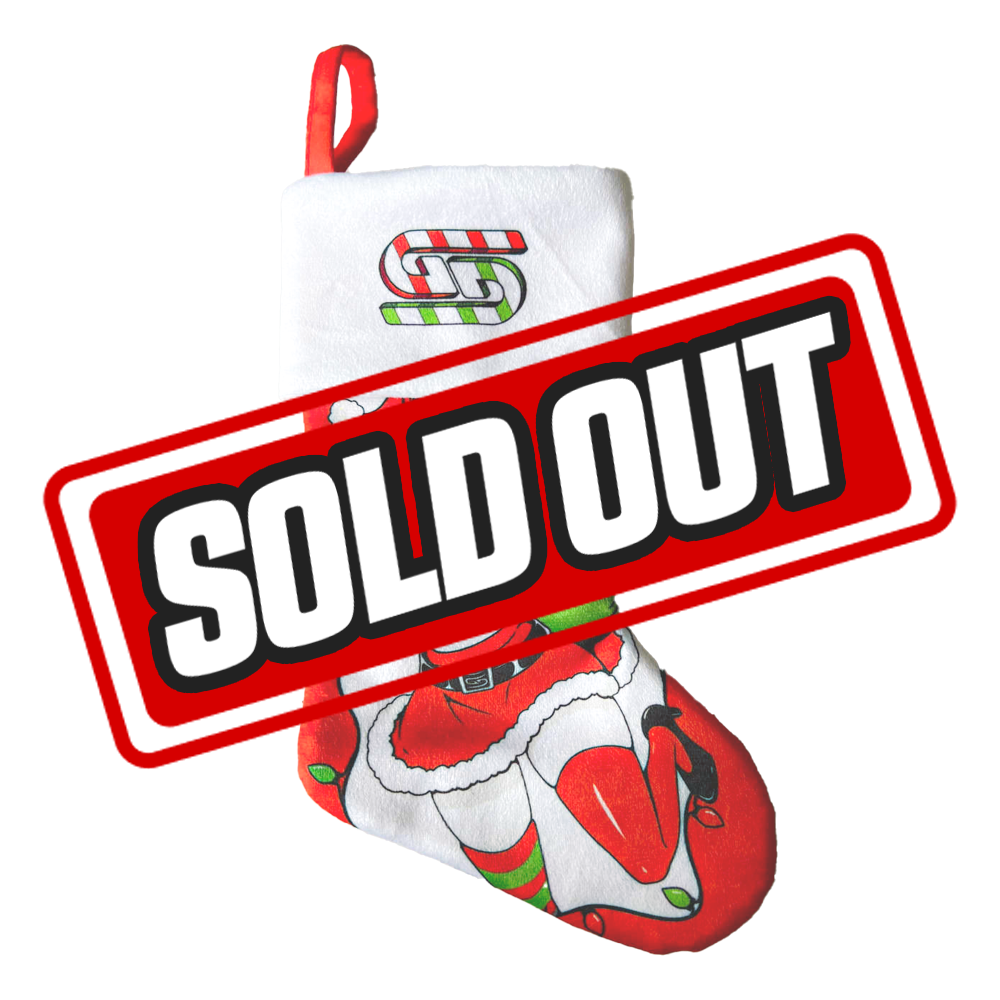 Red and white Christmas stocking with a playful anime-style woman in a Santa outfit and candy cane logo on the cuff.