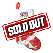 Red and white Christmas stocking with a playful anime-style woman in a Santa outfit and candy cane logo on the cuff.