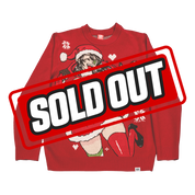 Red Christmas sweater featuring a playful anime woman in a Santa outfit with snowflakes and hearts.