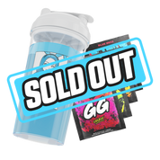 Clear plastic shaker cup with white lid and black stylized "G" logo on the side